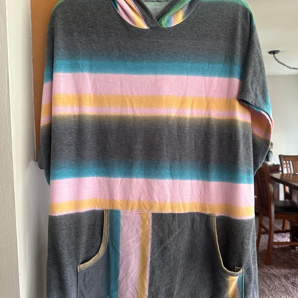 white birch Gray Striped Hooded Tunic with Pastel Accents